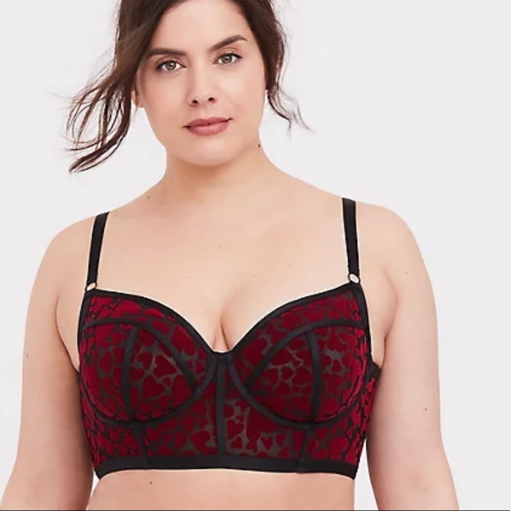 Torrid Black Mesh & Red Heart Flocked Longline Underwire Bralette